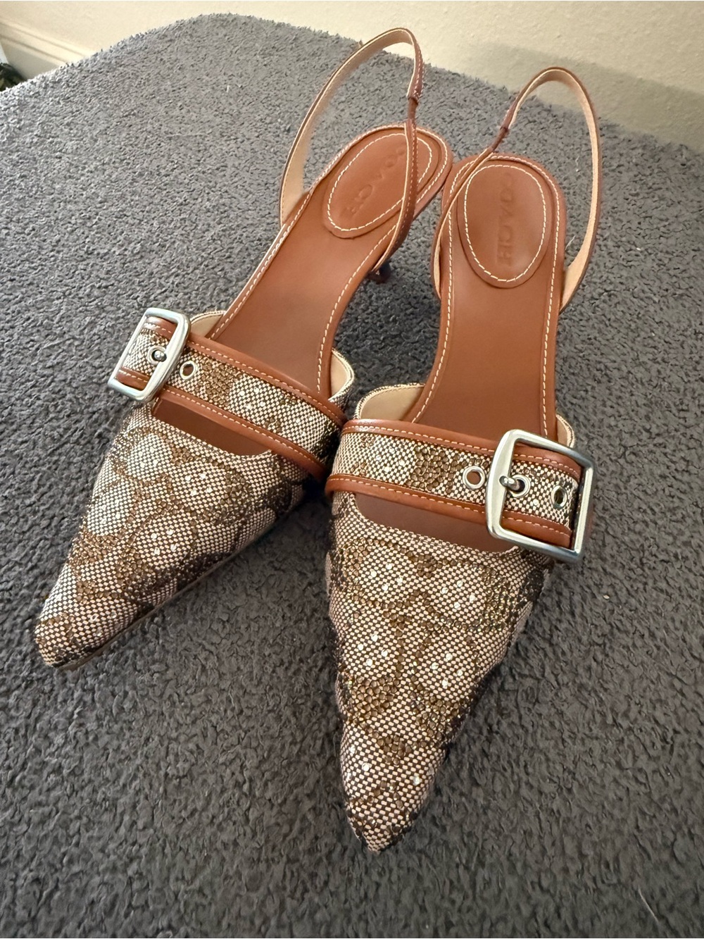 Coach Tan Brown Logo Slingback Pointed-Toe Kitten Heel with Silver Buckle